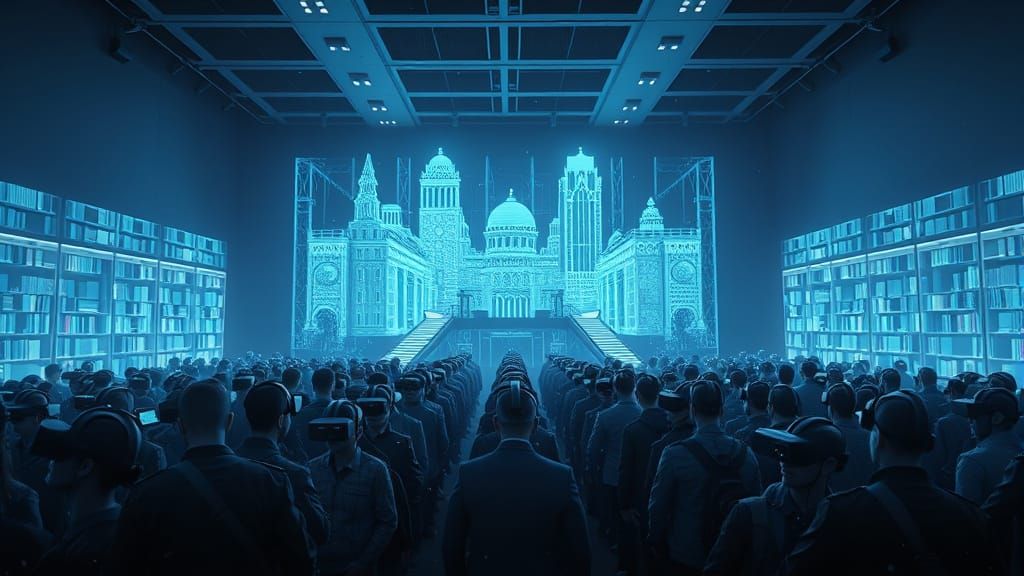 Surreal Cyberpunk Library Scene in Mesmerizing Blue Glow