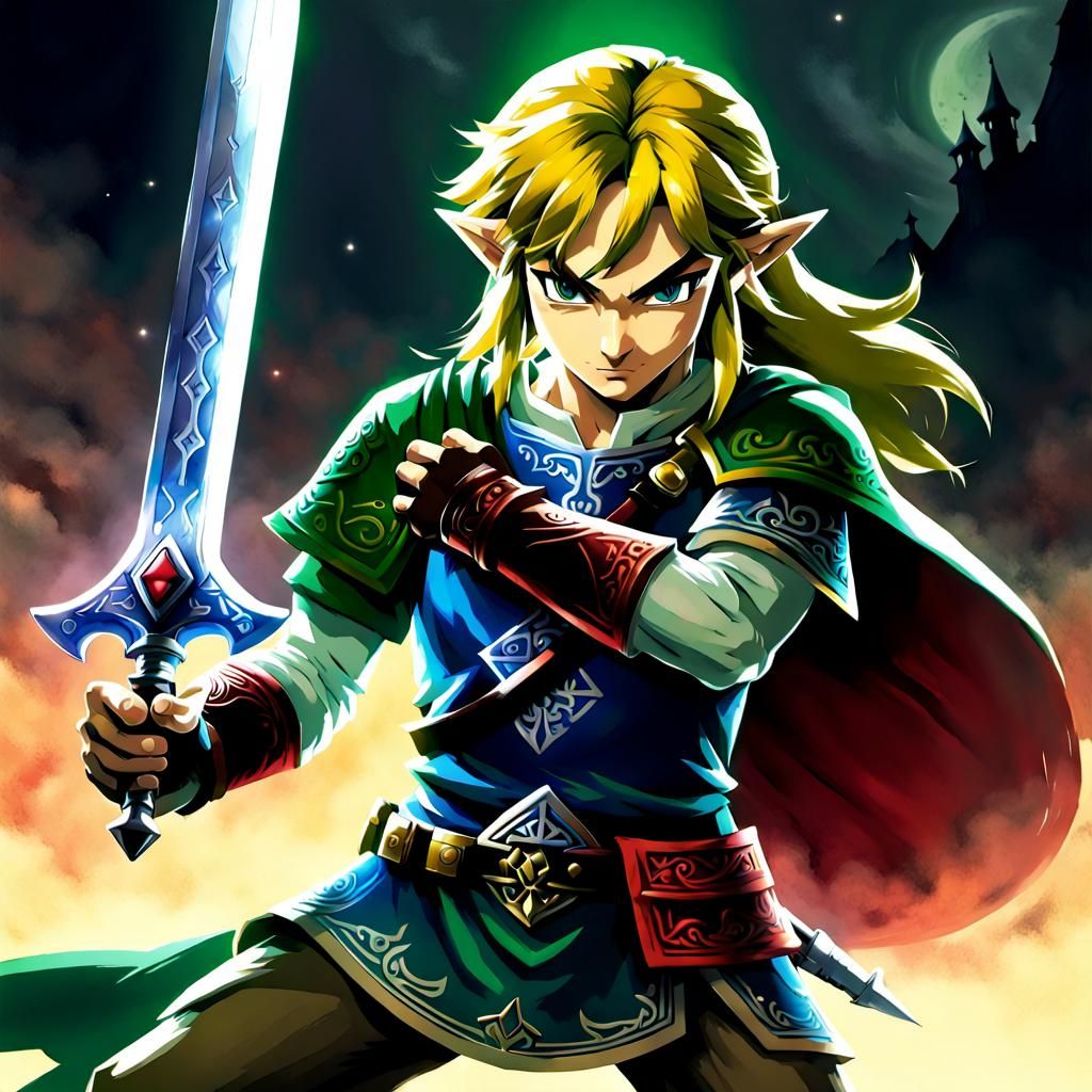 Link, the Hylian, with sword in hand,
Zelda the princess, ru...
