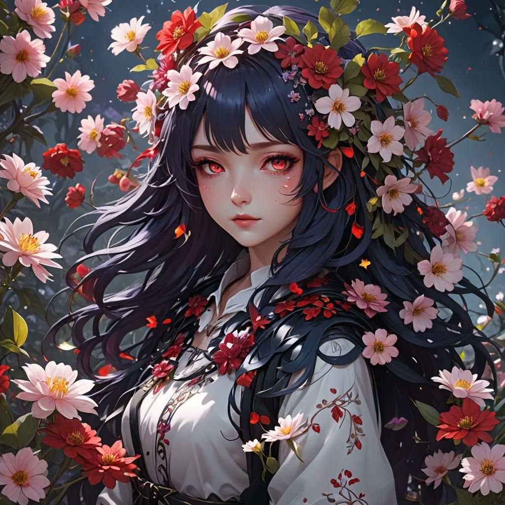 Anime Girl with Ruby Hair Surrounded by Flowers