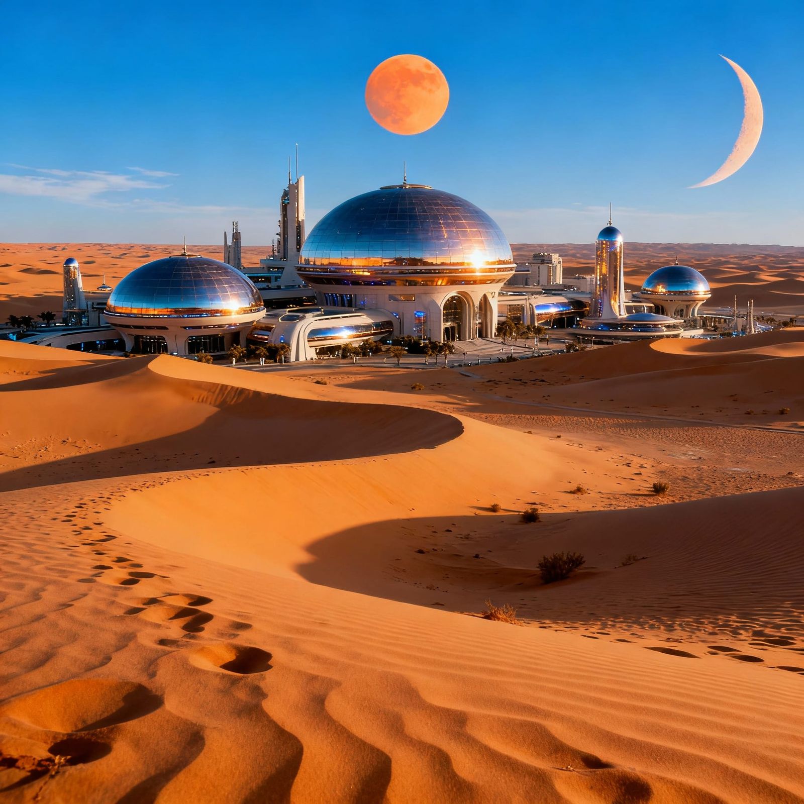 Alien Desert Cityscape with Futuristic Domes Under Twin Moon...