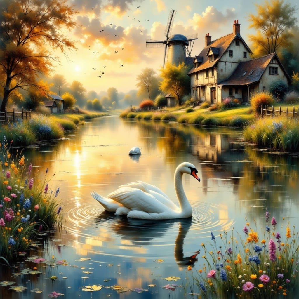 Swan in Pond: Impressionist Painting with Grunge Aesthetic