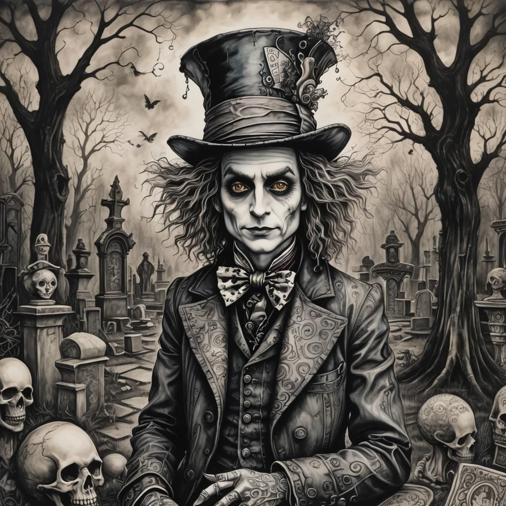 Mad Hatter in Graveyard: Gothic Zentangle Charcoal Art