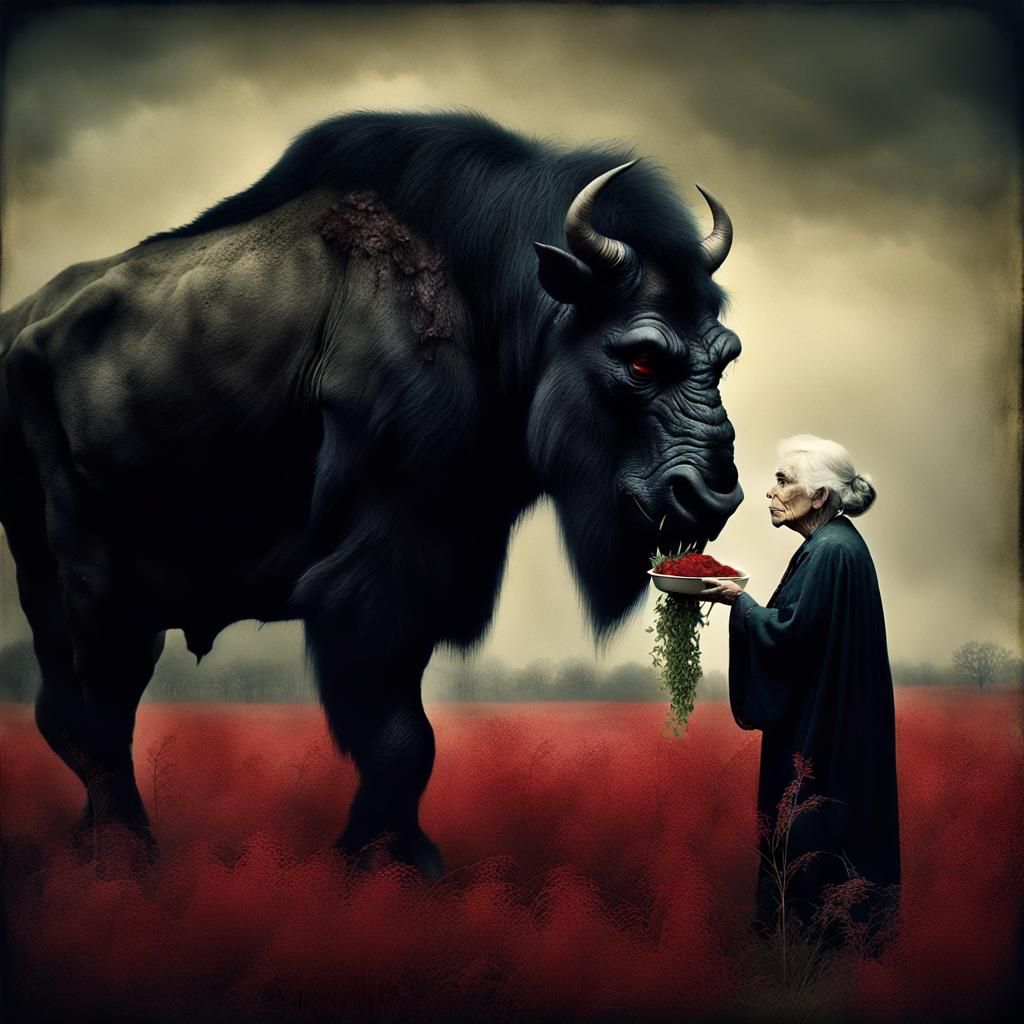 Eerie Photograph of Woman Feeding Black Beast