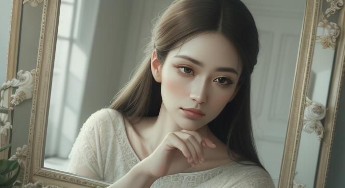 Woman Gazing at Reflection in Ornate Mirror