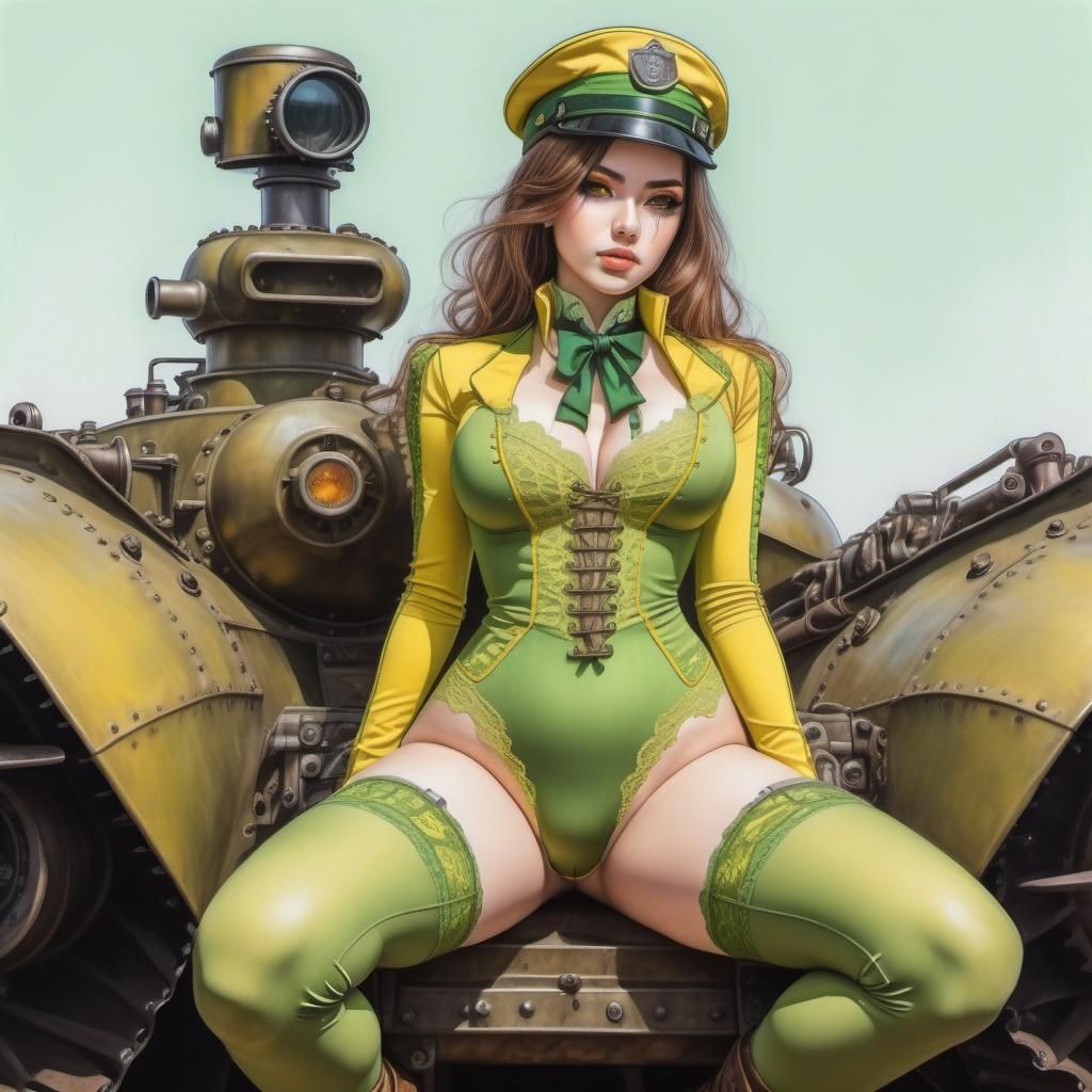 Steampunk Woman on Panzer in Color Pencil Art