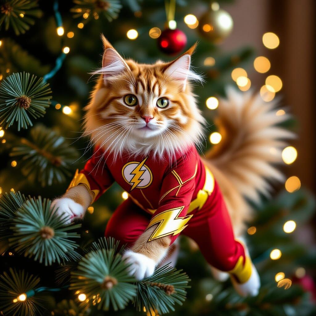 Fluffy Ginger Cat Superhero on Christmas Tree