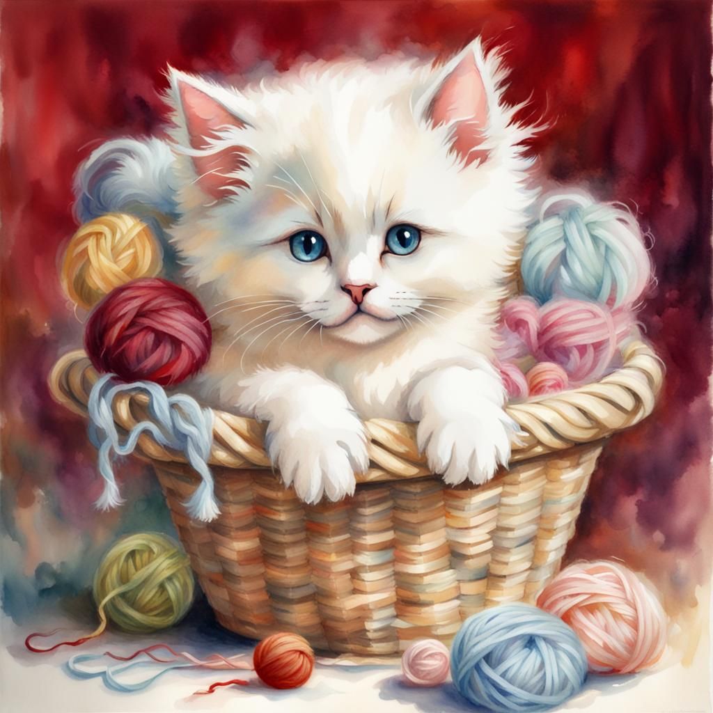 Cute Ragdoll Kitten with Wool: Watercolor Portrait