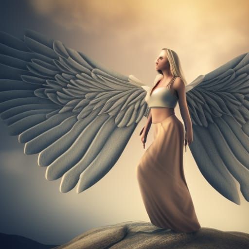 very pretty blond female angel with large wings landing on a mountain top, shallow depth of field, moody lighting, 8 k, ...