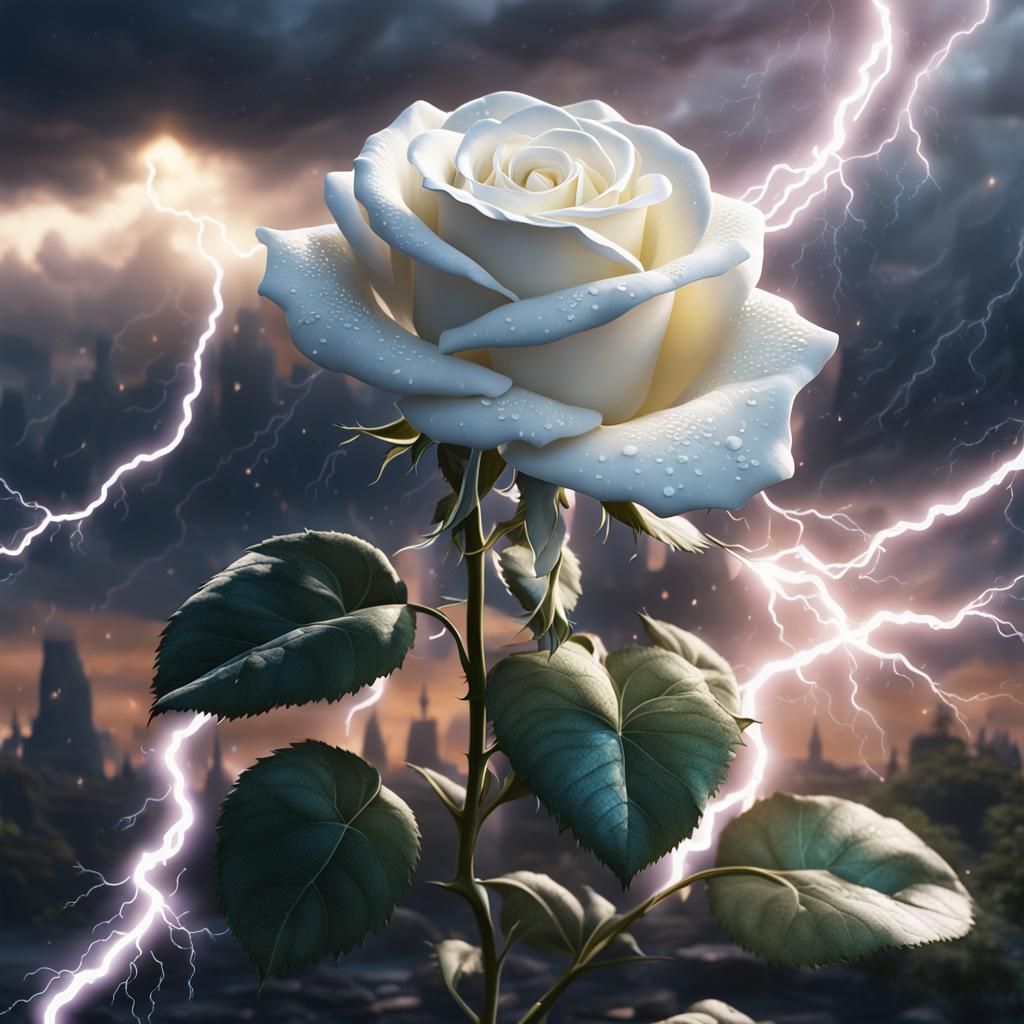 Beautiful White Rose with Lightning in the background