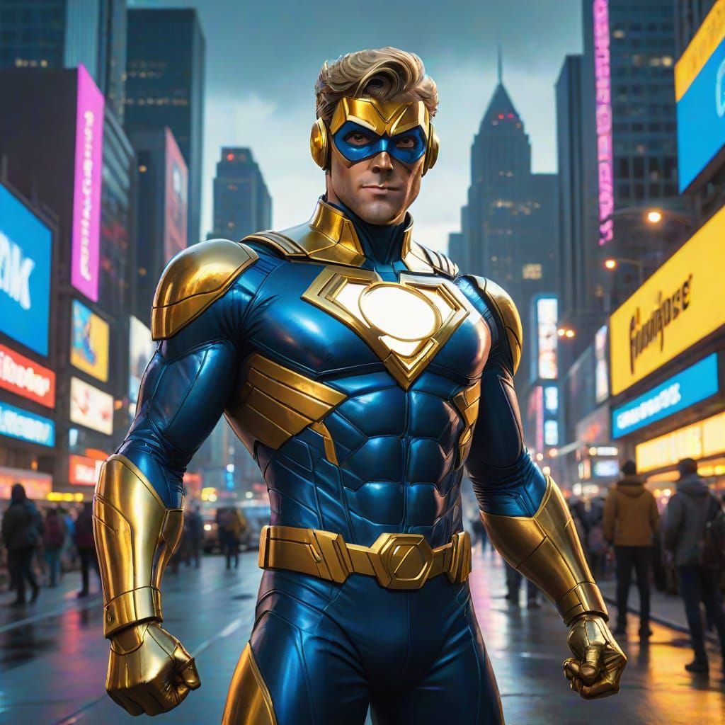 Hyperrealistic DC Comics Superhero in Gold and Blue Attire