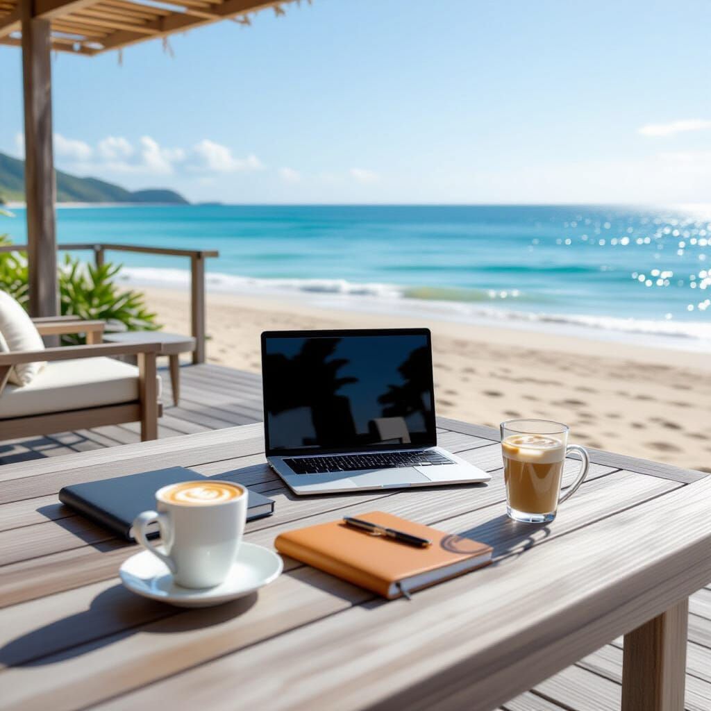 Beachside Desk With Ocean View in Photorealistic Style