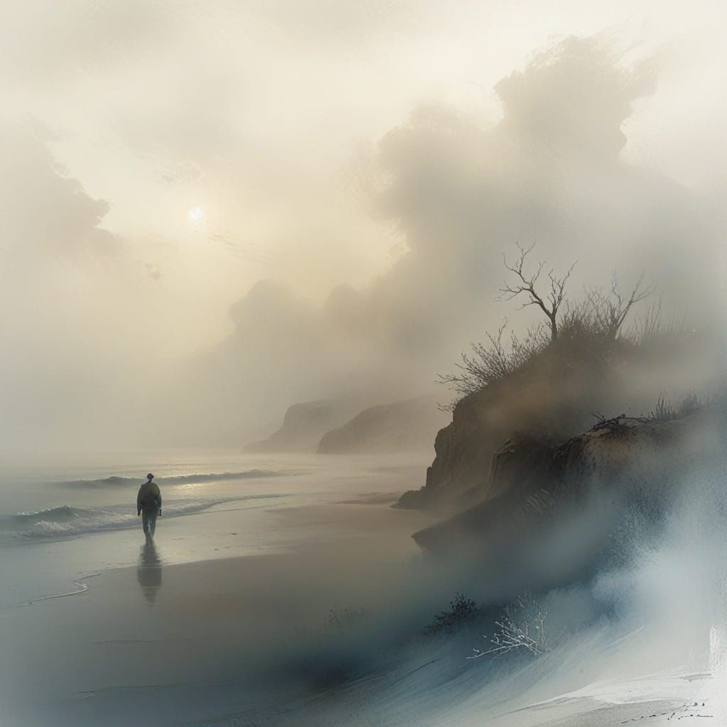 Ethereal Desert Storm Soldier in Foggy Waterscape