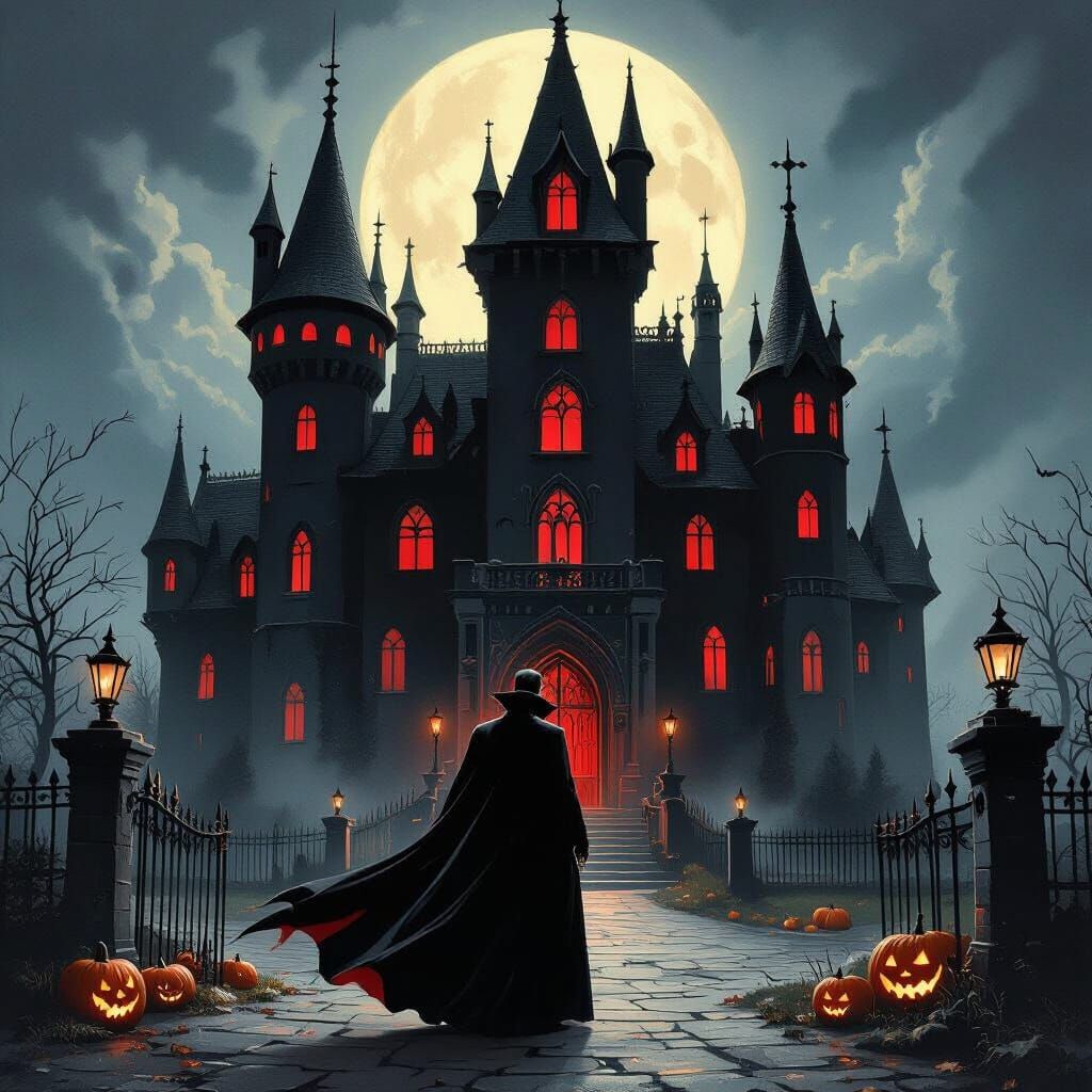 Dracula Outside Gothic Castle Halloween Art