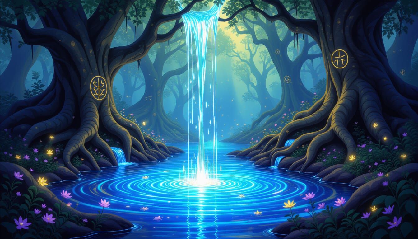Mystical Fountain in Ancient Forest: Surreal Dreamscape