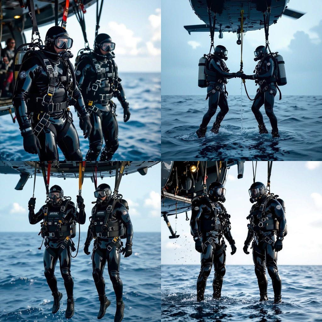Navy SEALs in Dive Gear Lowered from Helicopter