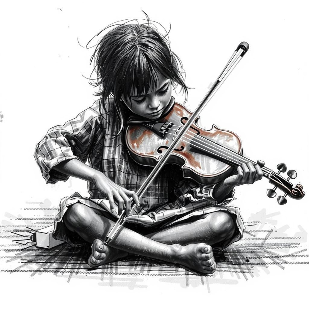 Rustic Violinist in Charcoal Sketch