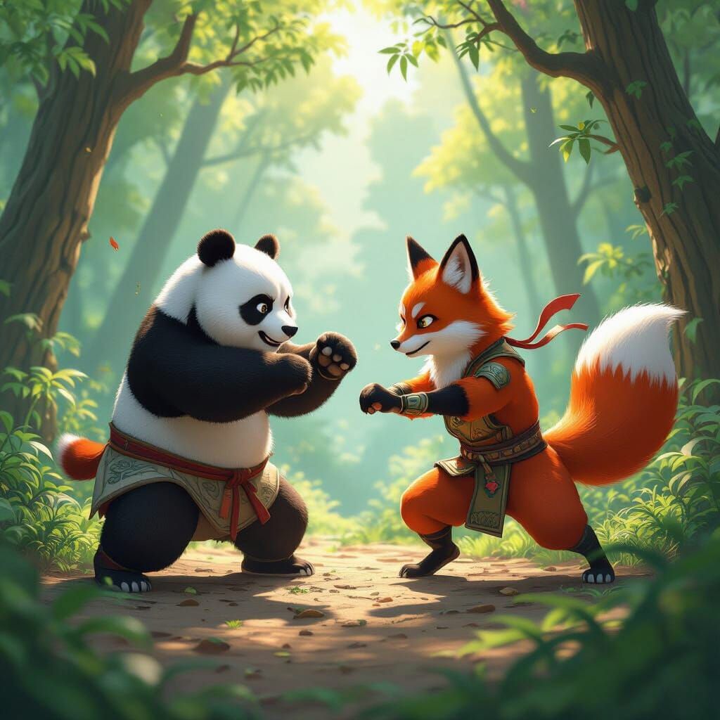 Anime Panda and Fox in Dynamic Kung Fu Battle