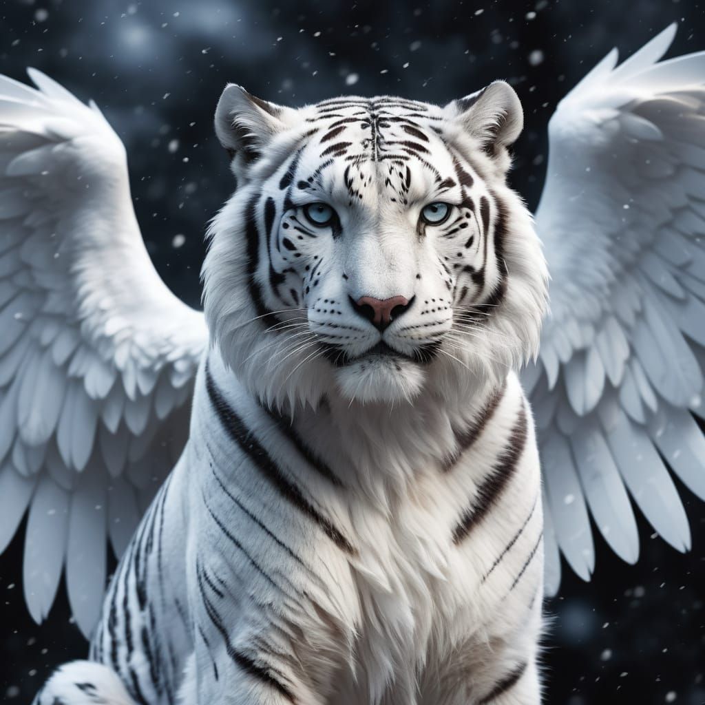 Mythical White Tiger-Leopard Hybrid with Falcon Wings