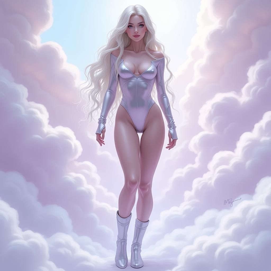 Ethereal Woman in Dreamscape with Silver Bodysuit
