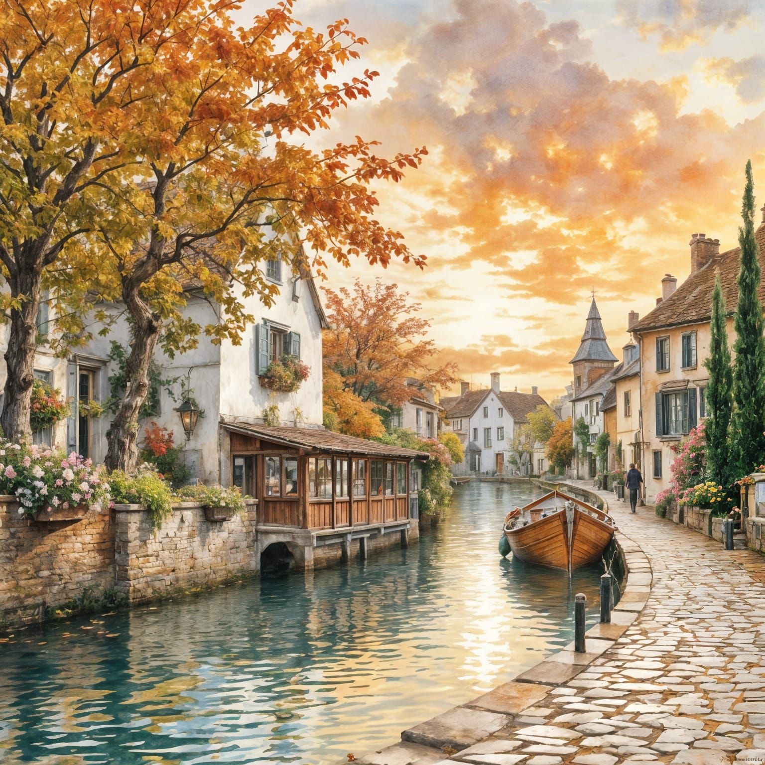 Quaint Canal Scene in Watercolor Style