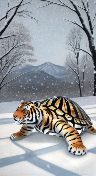 Stunning Encaustic Painting of a Tigurtle in Snowy Serenity