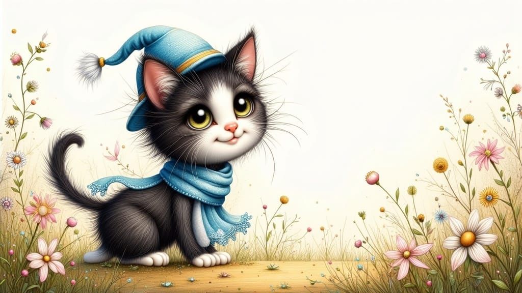 Whimsical Black Cat Exploring Sunny Meadow