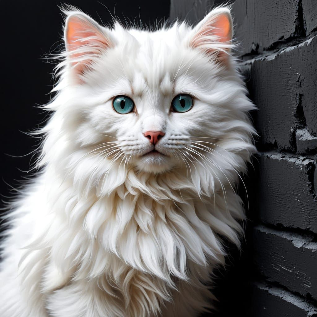 Fluffy Kitten Against Black Wall, Pre-Raphaelite Style