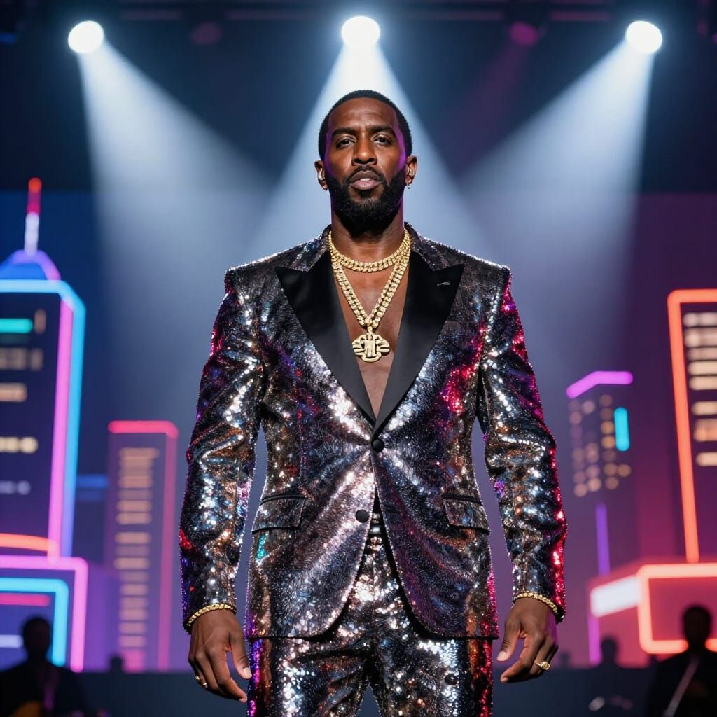 Sean Diddy Combs in Sequined Suit on Stage