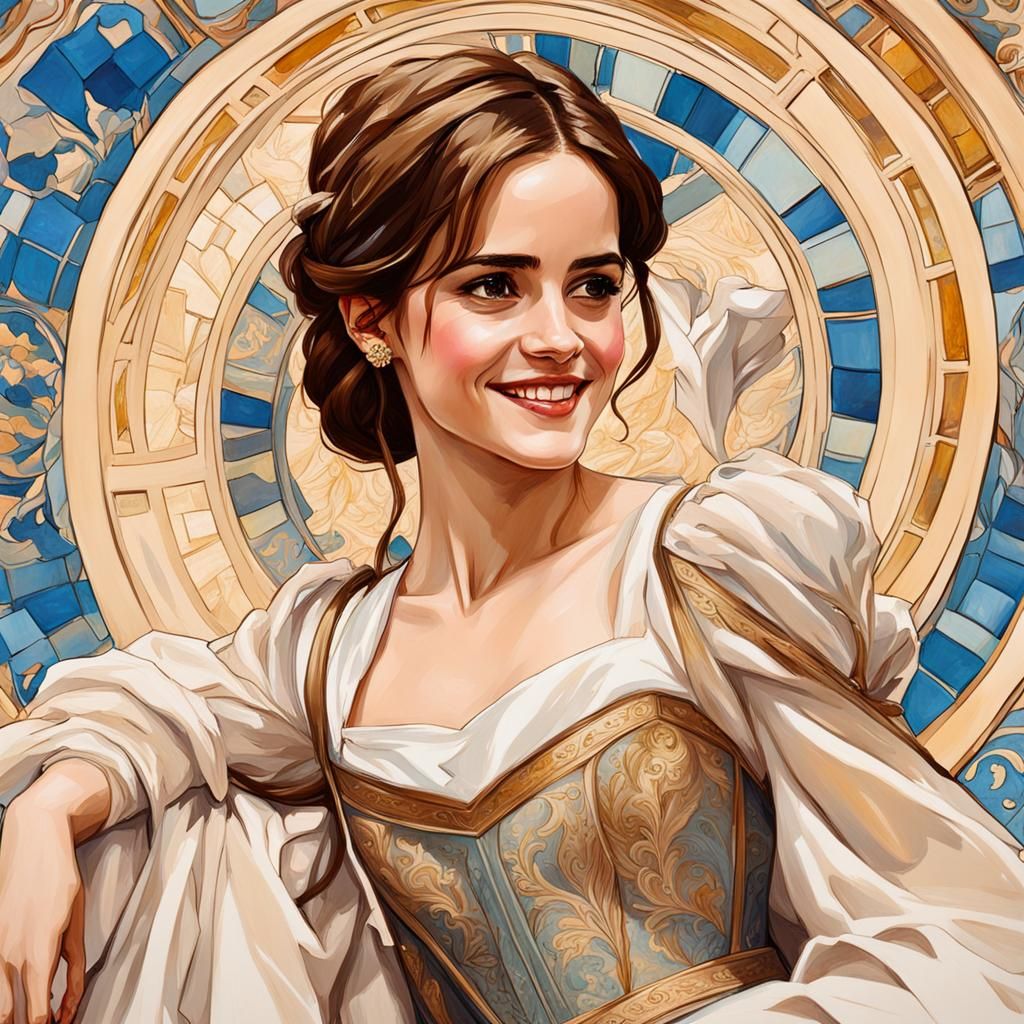 Emma Watson as Belle: Art Nouveau Gouache Painting