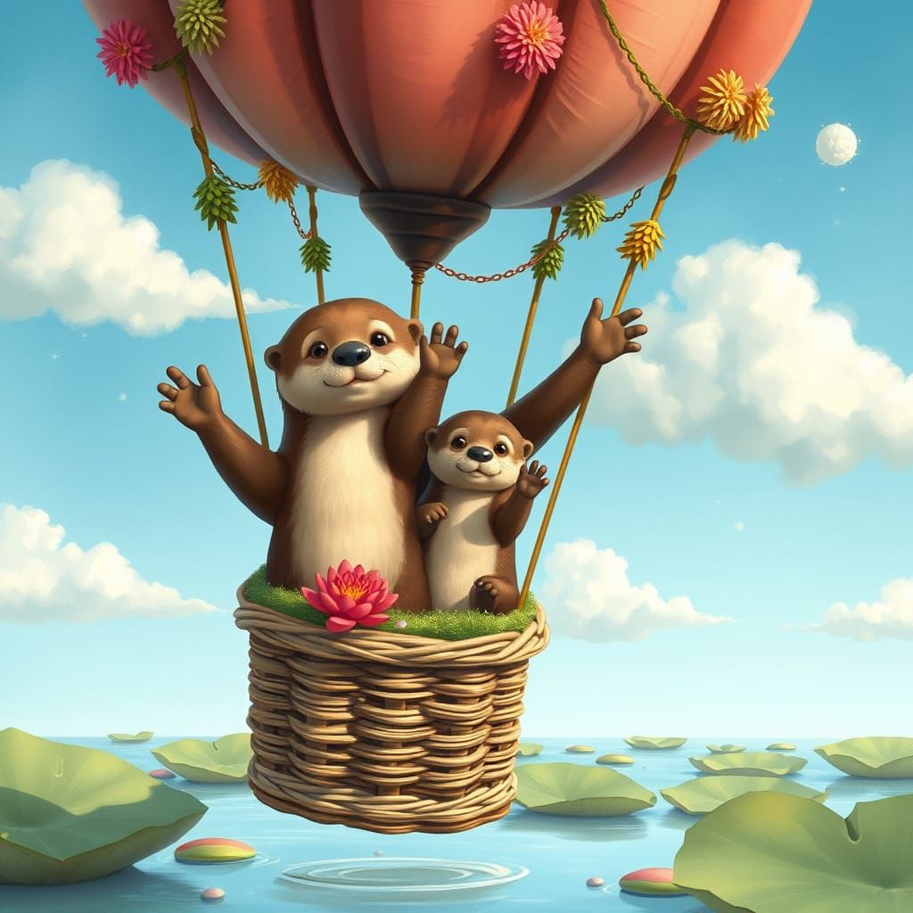 Whimsical Otter Family Soars in Colorful Hot Air Balloon