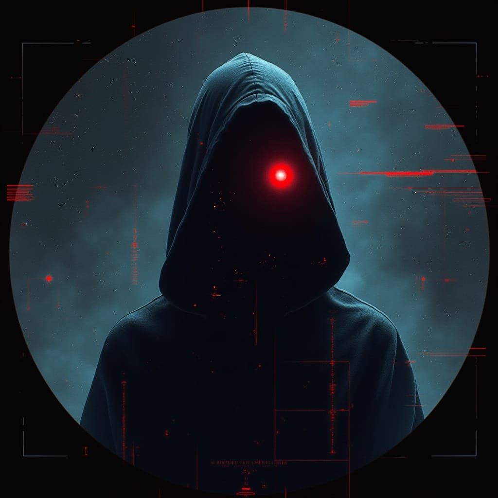 Shadowy Figure with Glowing Eye in Sci-Fi Style