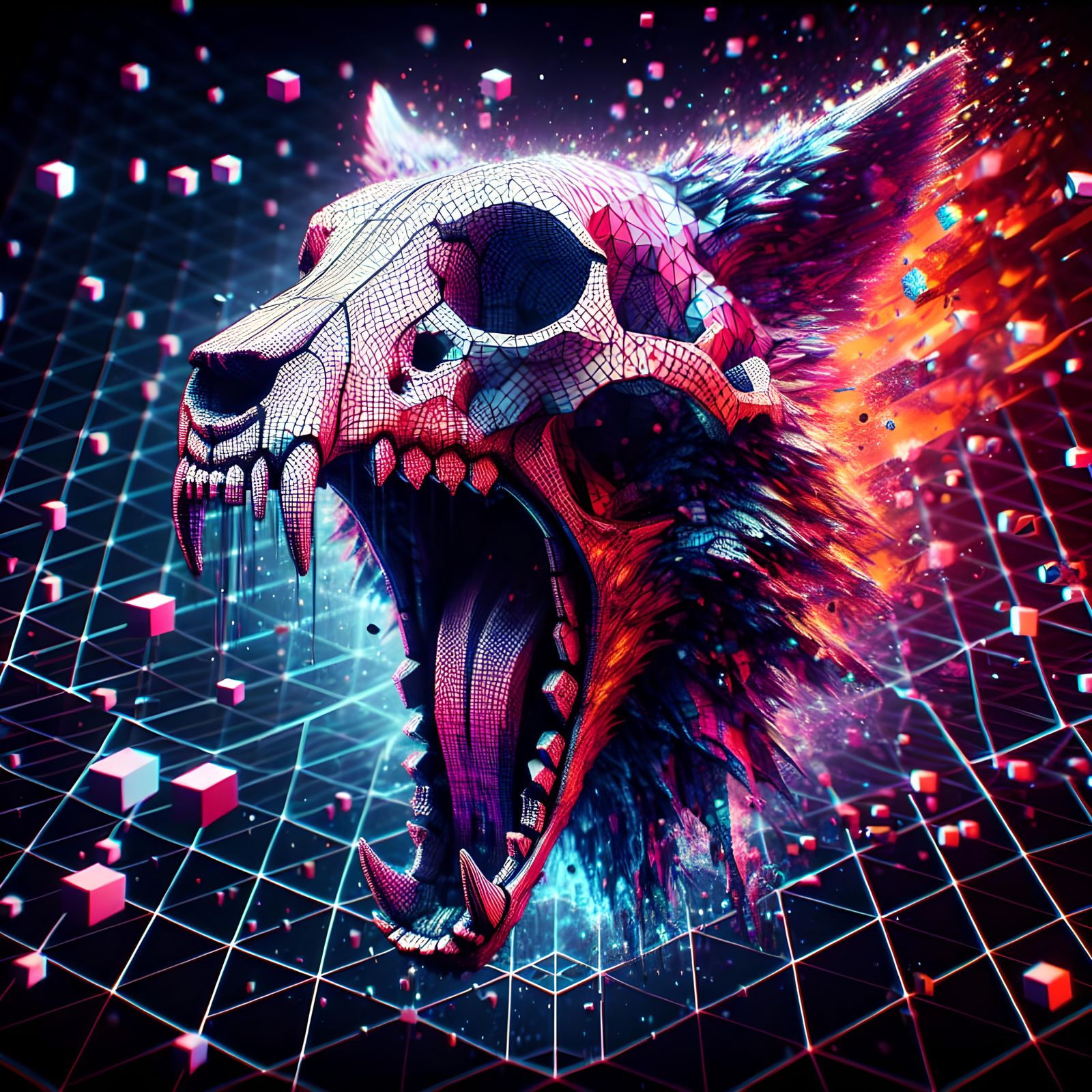 Glitched Polygonal Wolf Skull in 32k HD