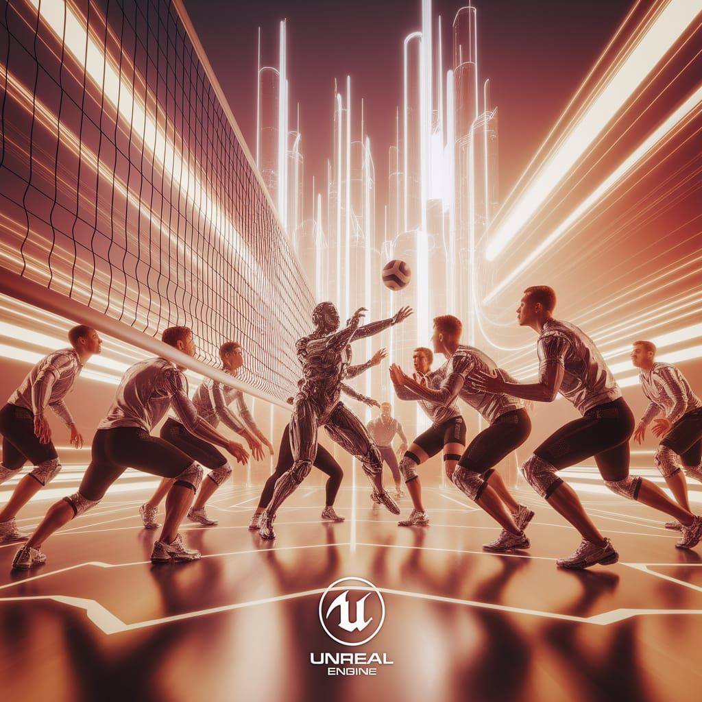 Futuristic Volleyball Match with Robots in Golden Light