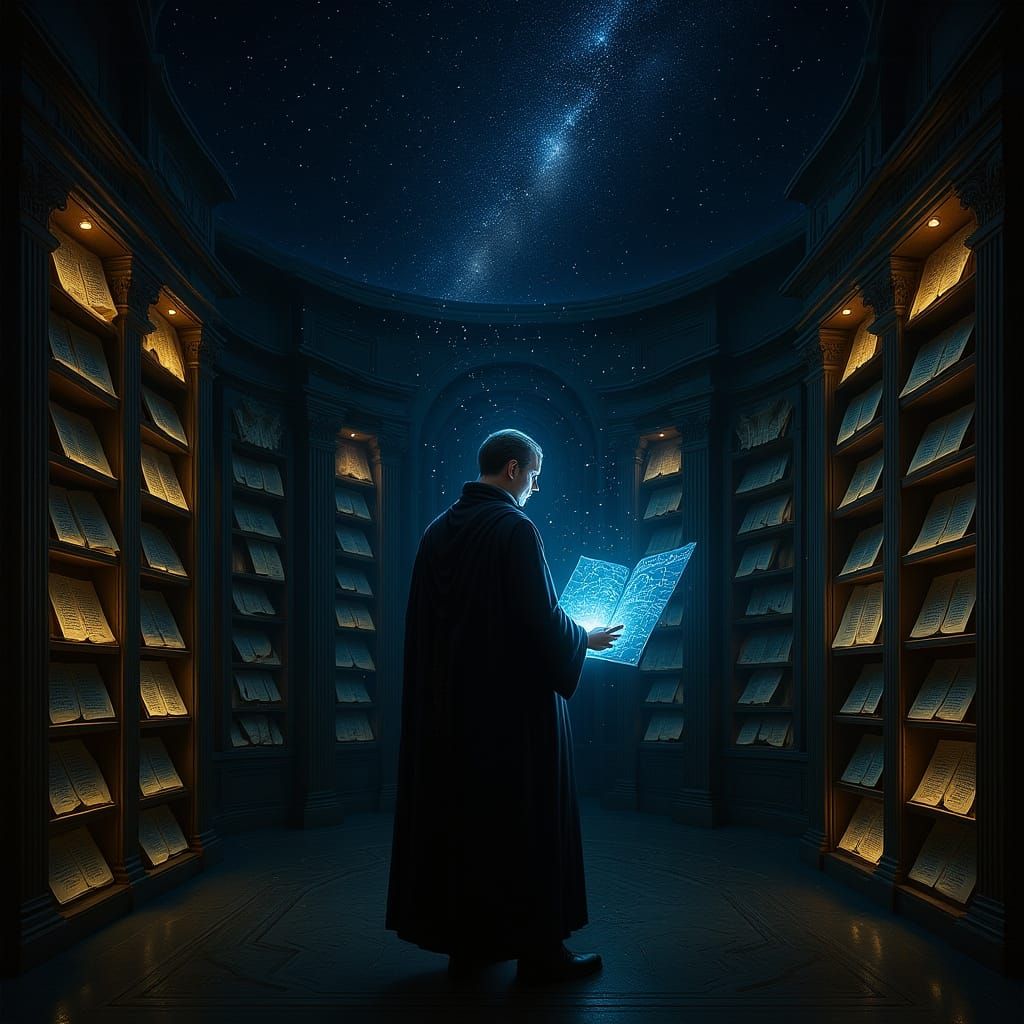 Scholar in Cosmic Library with Celestial Observatory