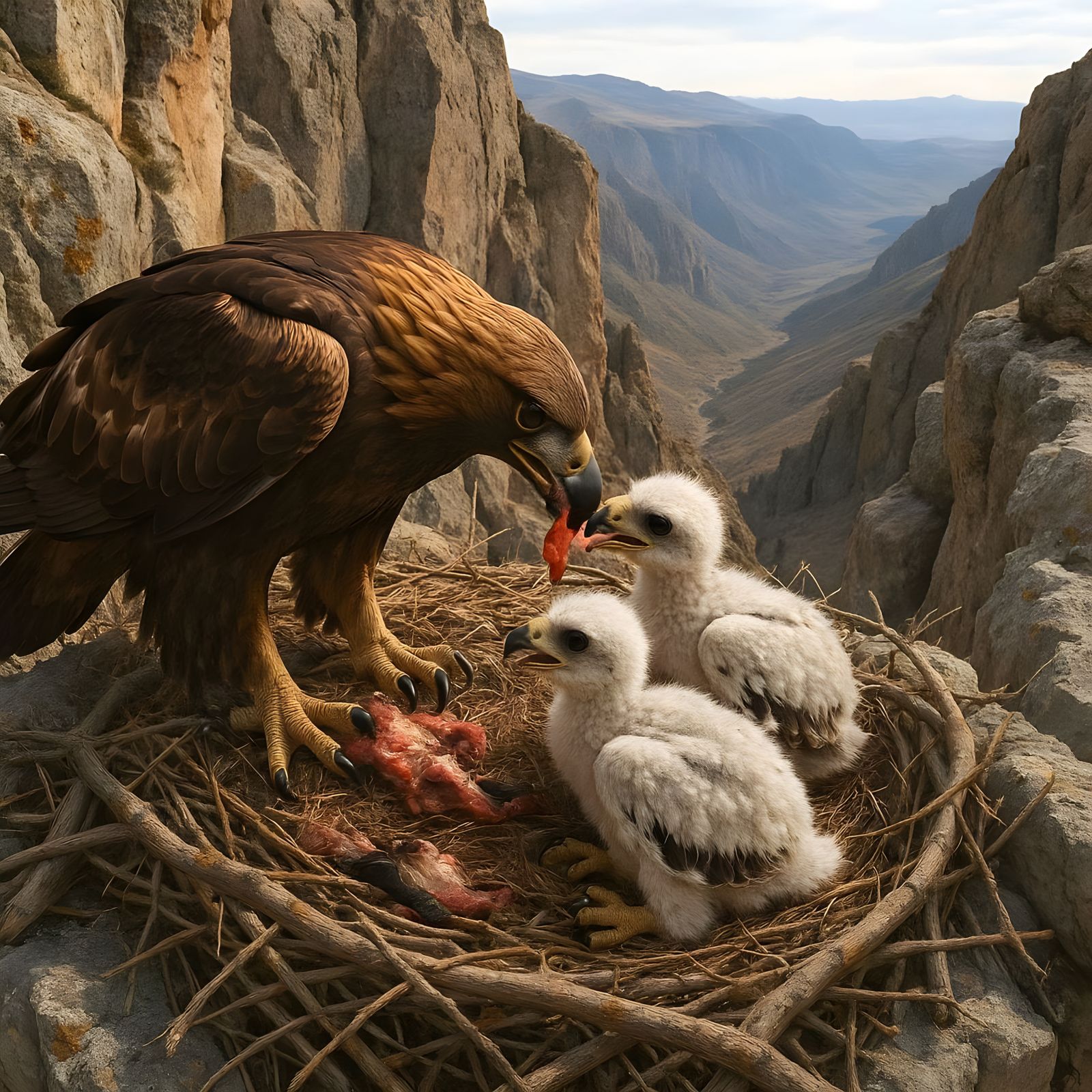 Golden eagle feeding its nestlings from a fresh catch