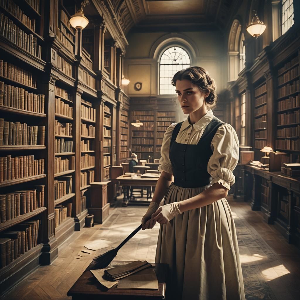 Worried Housemaid Dusting in a 1920s Library