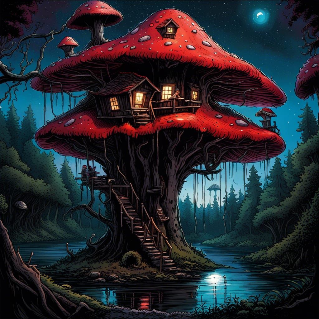 Gothic Horror Treehouse in Giant Mushroom, Comic Book Art