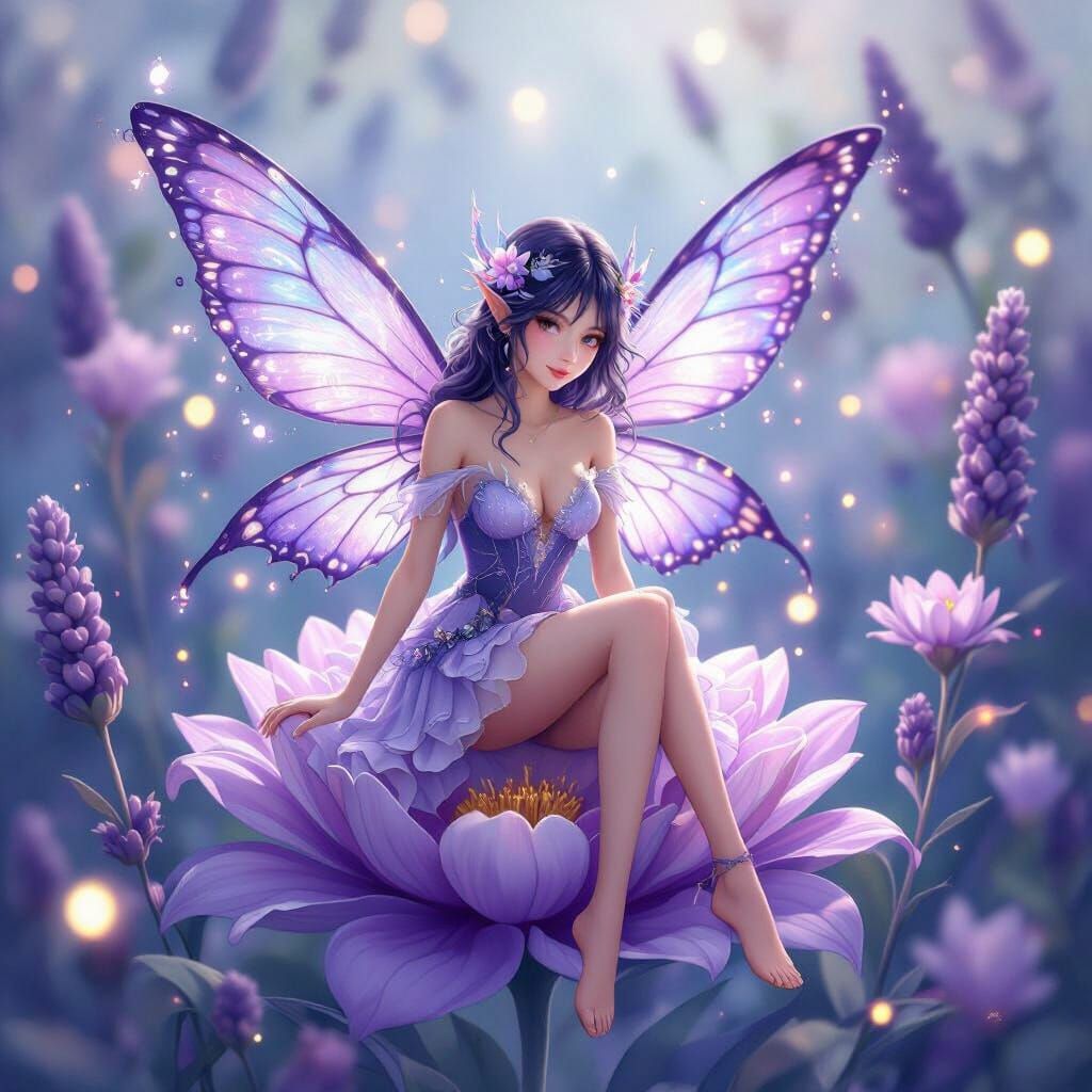 Mystical Fairy on Lavender Blossom in Violet & Cobalt