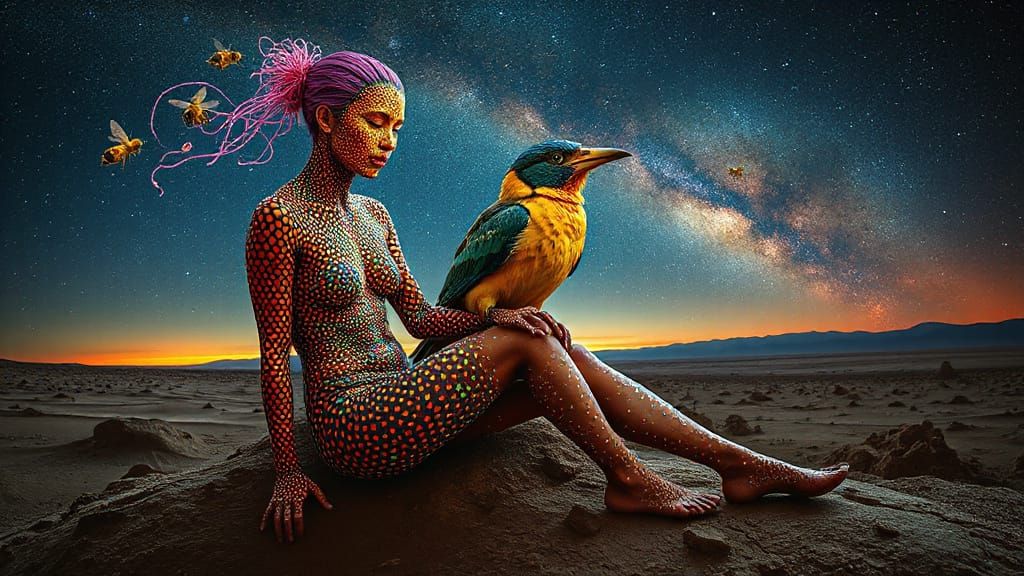 Shamanic Figure with Celestial Bird in Cosmic Landscape