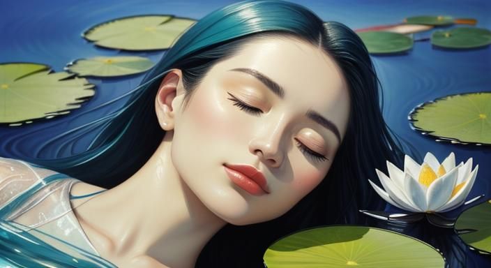 Surreal Woman Surrounded by Water Lilies as Oil Painting