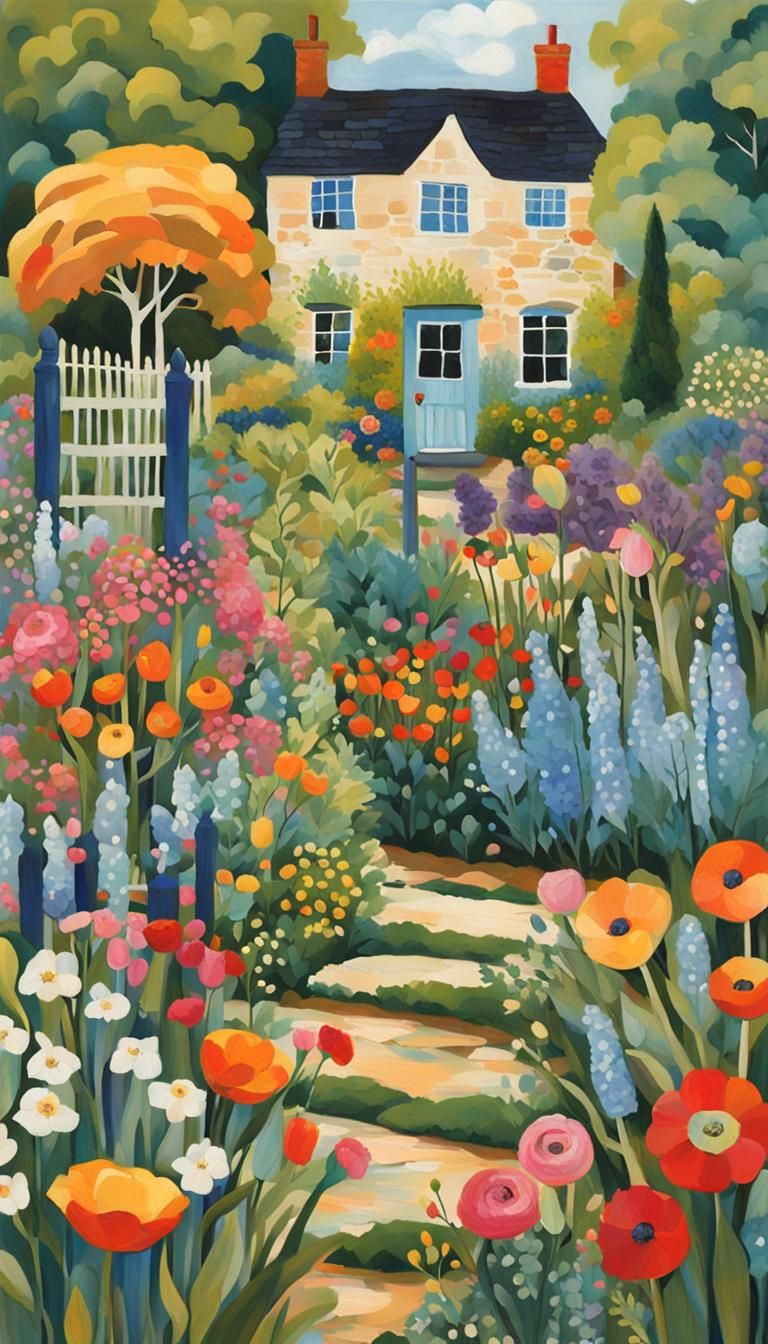 Cotswold Cottage Garden in Modern Folk Art Style
