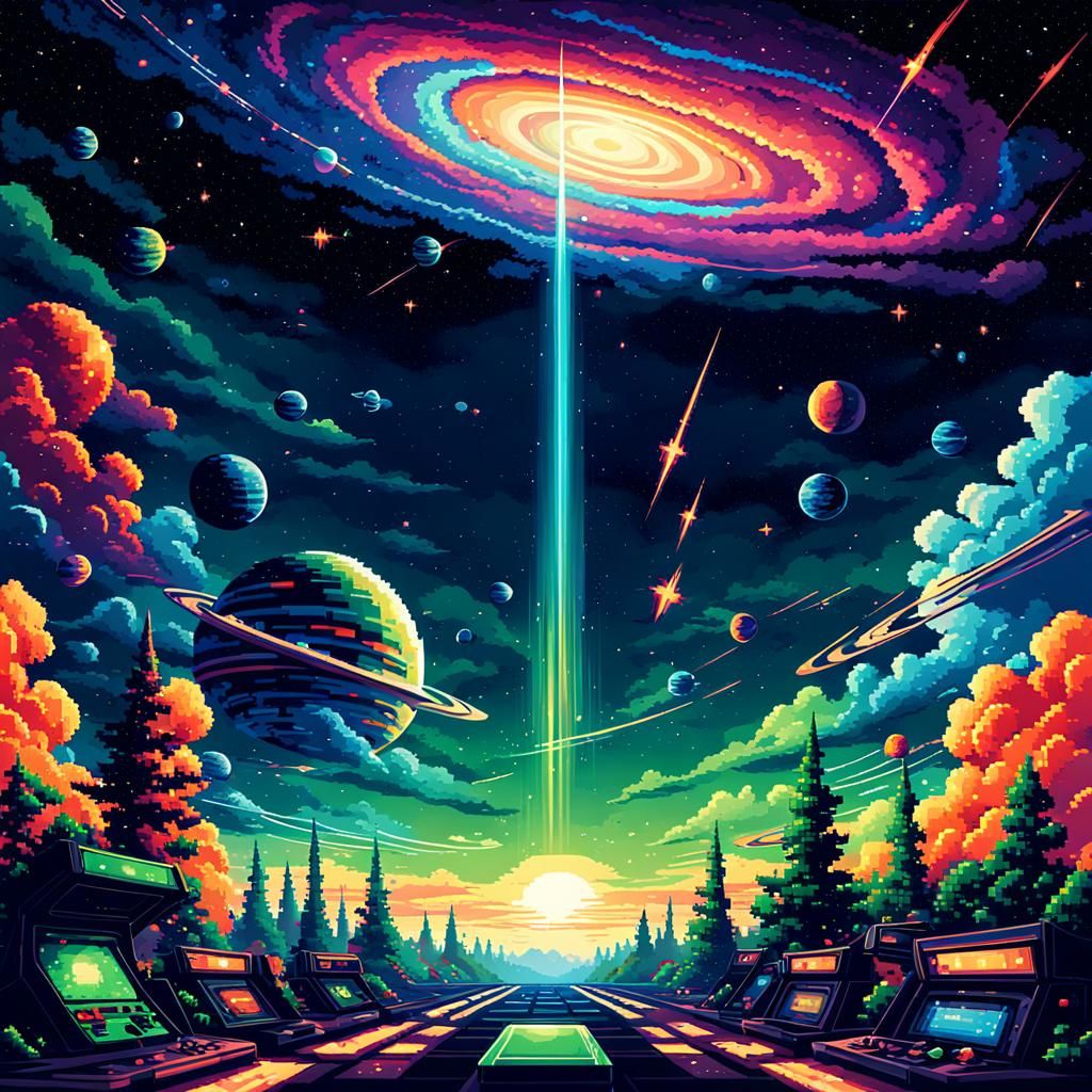 Vibrant Galaxy in Pixel Art Arcade Style
