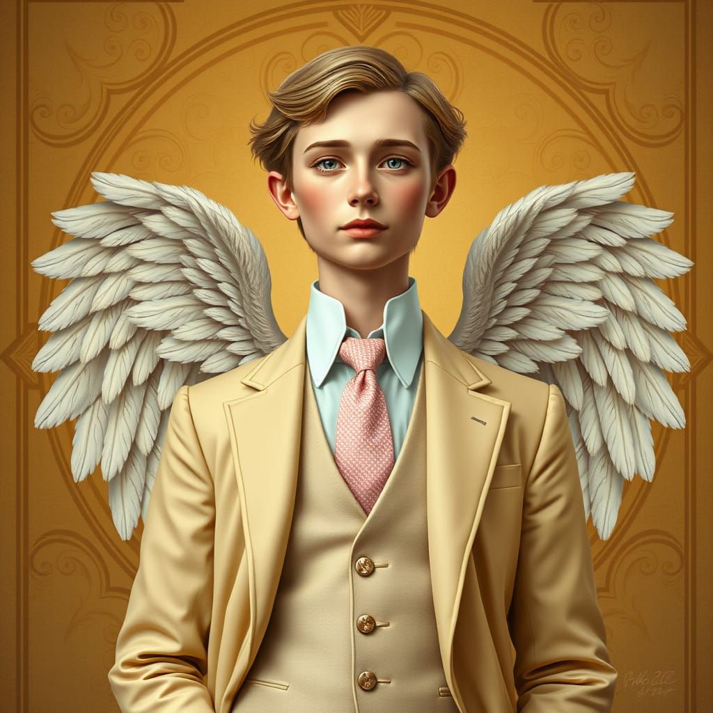 Symmetrical Angel Portrait in Whimsical Wes Anderson Style