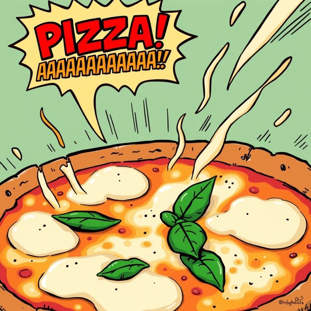 Cartoon Pizza Exclaims in Comic Book Style