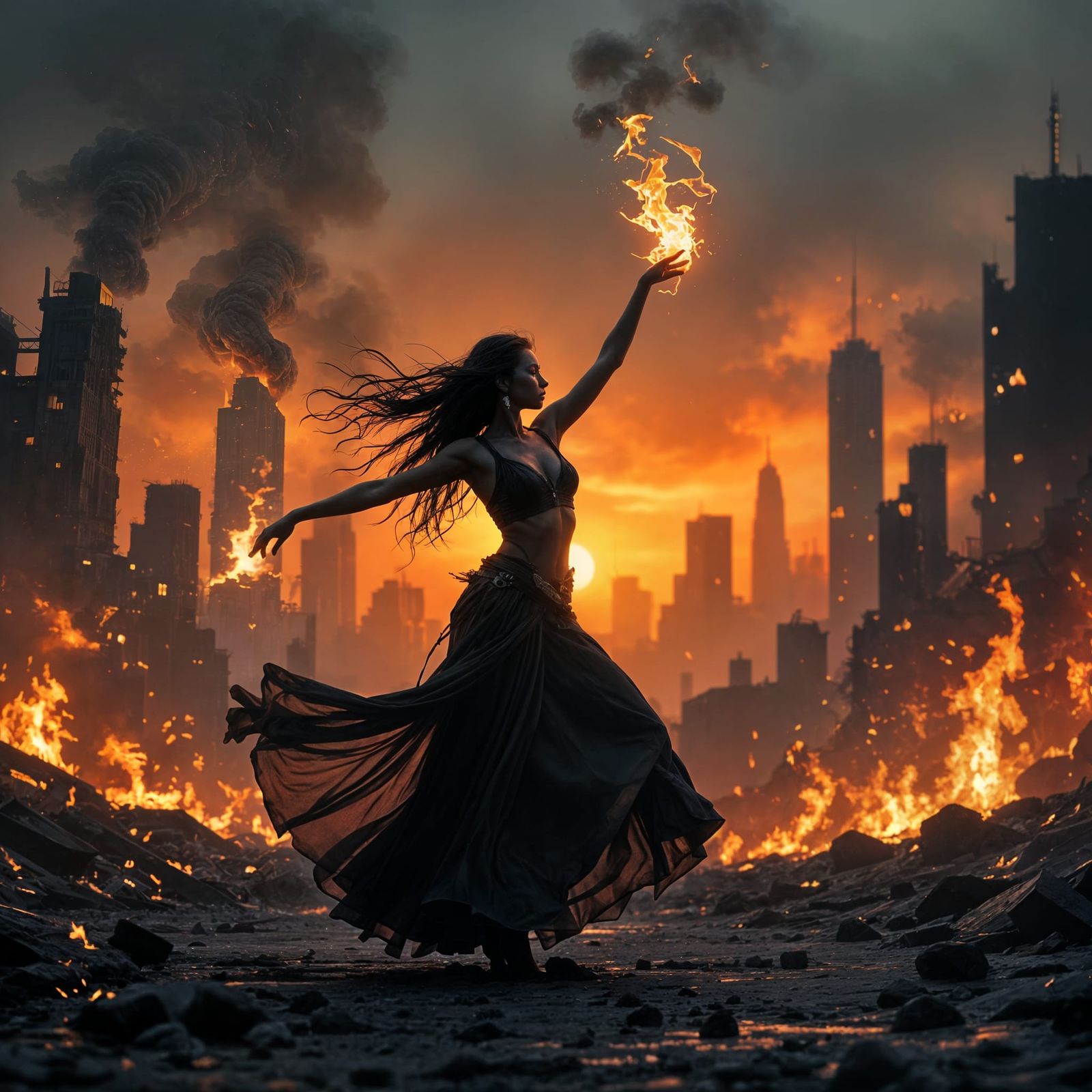 Ethereal Dancer Amidst Metropolis Inferno