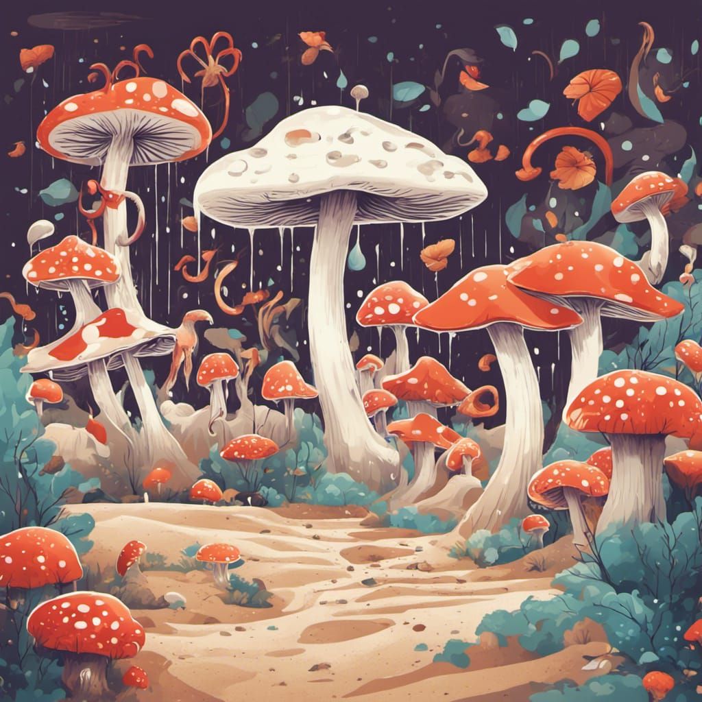 Fairies and Mushrooms in Rainfall: Vintage Vector Art