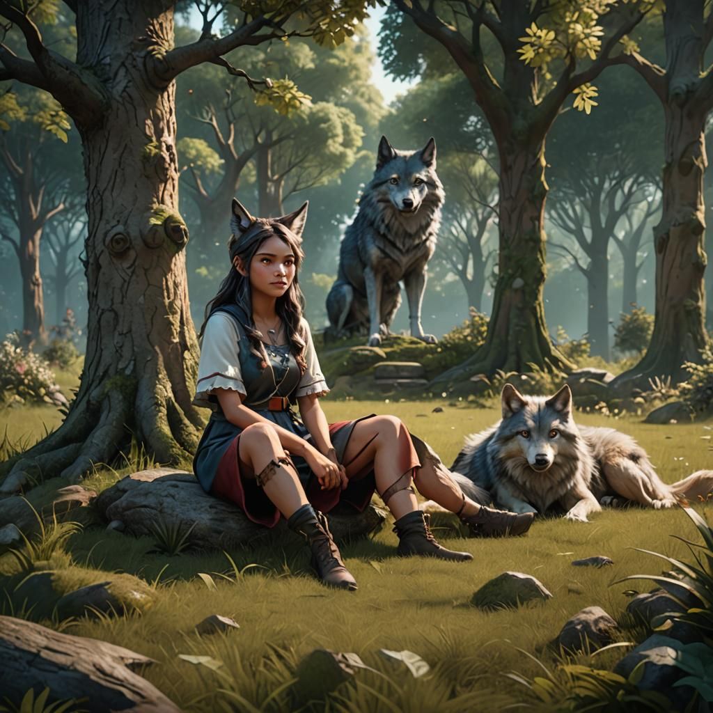 Girl with Wolf Features in Fantasy Landscape