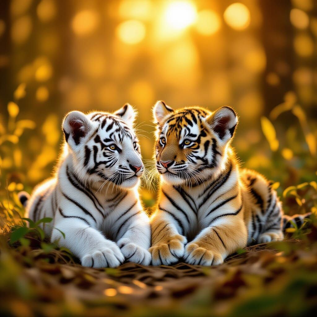 Tiger Cubs Play in Sun-Drenched Forest