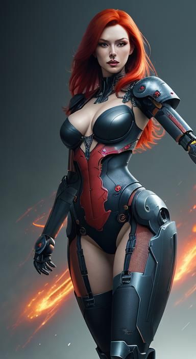 Redhead Android with Robot Arms in Splash Art Style