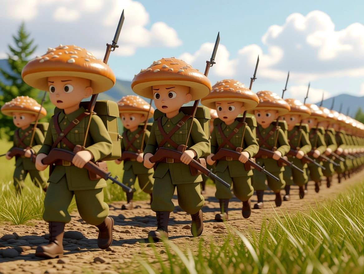 WWII-Style Mushroom Army in 3D Anime Art
